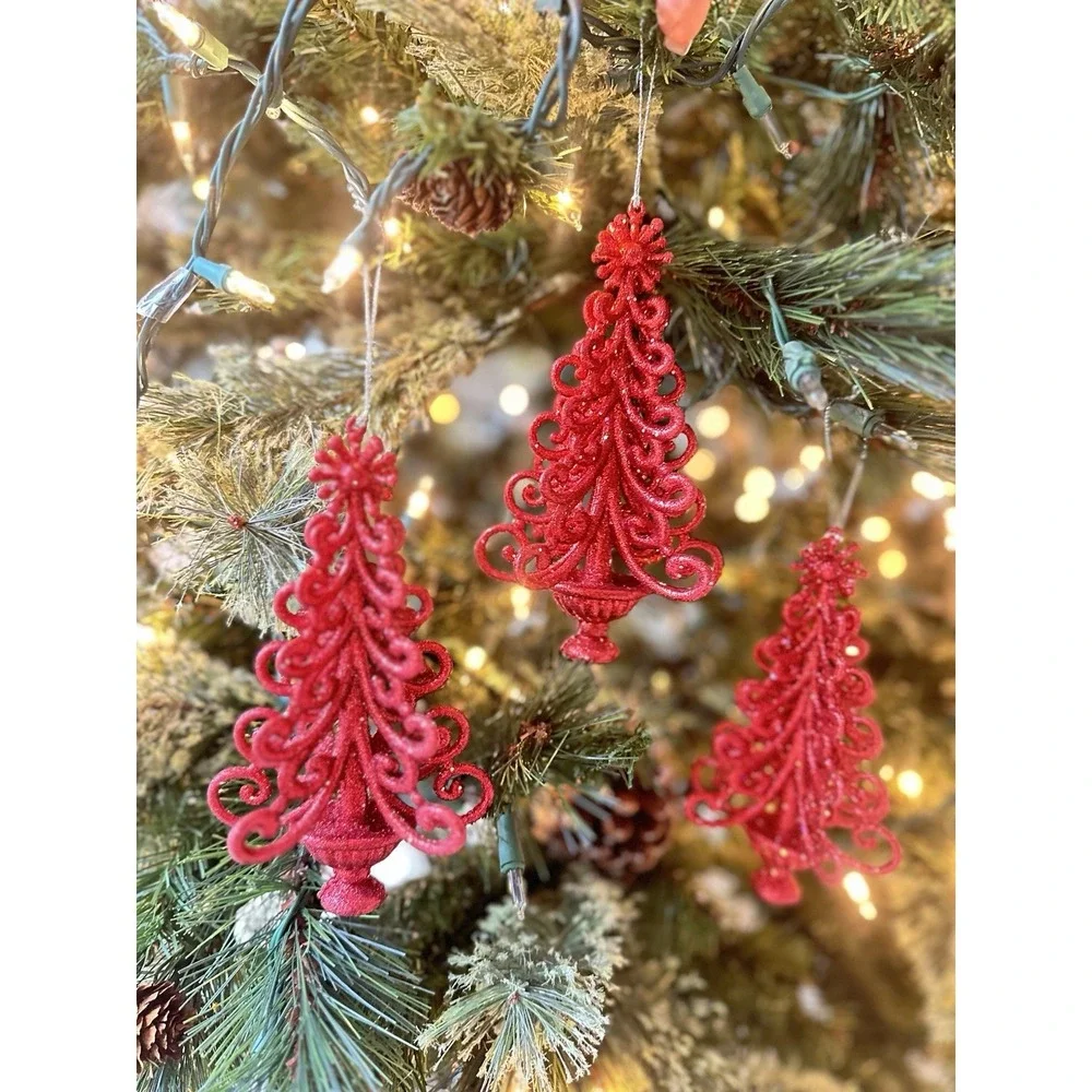 Set Of 3 Red Lace Glittered Gothic Christmas Tree 6 In Ornament